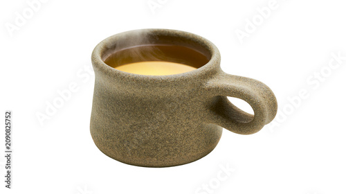 Konstfotografi Steaming hot herbal tea in a rustic earthenware mug, isolated on transparent bac