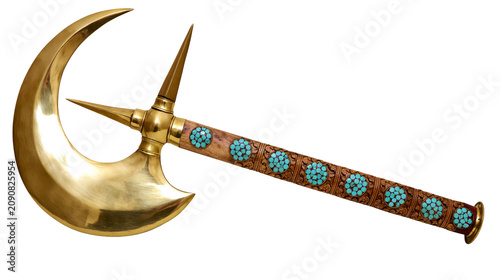 Canvastavla Ornate brass crescent axe with turquoise inlay and wooden handle, isolated on tr
