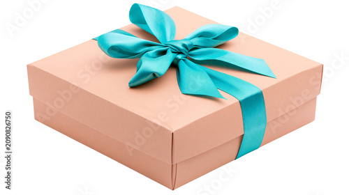 Peach gift box with teal satin ribbon bow, isolated on transparent background