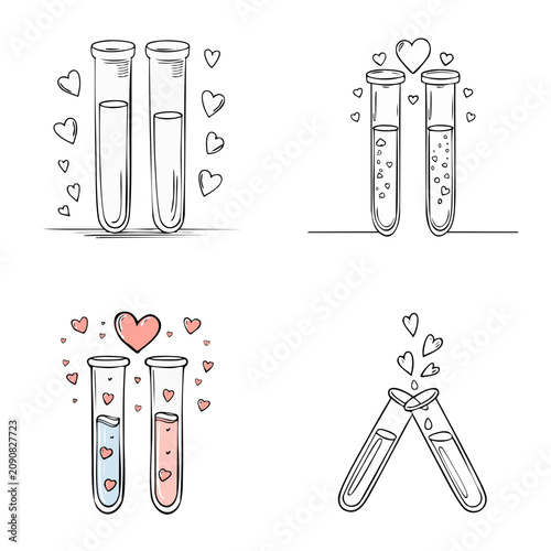 Set of romantic science test tubes with hearts and love symbols for creative concepts
