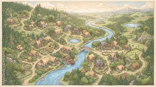 Cozy fantasy map painting of thatched-roof cottages along a winding blue river with a stone bridge and lush green pine trees, textless and borderless design.