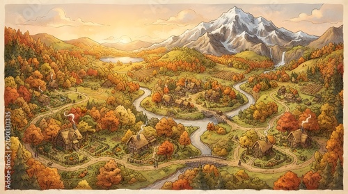 Isometric fairytale valley map with colorful autumn trees, small cabins, and a distant snow-capped mountain, designed with no text and no borders.