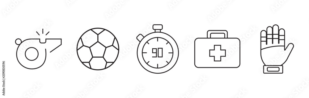 Naklejka premium Set of football sport icons representing soccer match elements including trophies players whistles stadiums and game equipment designed in a clean minimalist linear vector style for web and mobile