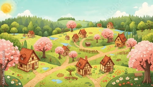 Cheerful and bright fantasy map of a sunny spring village with timber-framed houses and blooming cherry blossoms, with no text or borders.