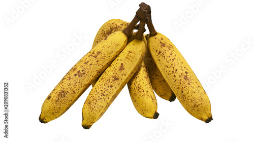 Quadro su tela Bunch of ripe yellow bananas with brown spots, isolated on transparent backgroun