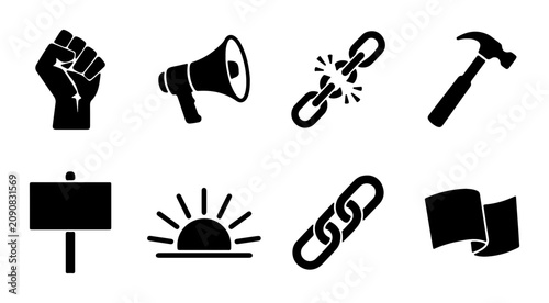Protest Icons: Fist, Megaphone, Broken Chain, Hammer, Sign, Sunrise, Chain, Flag