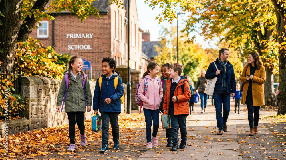 Obraz premium Back to school. Elementary school children walking, autumn day, education, group of friends, cheerful kids, primary education, community, childhood joy, learning environment, school street, family