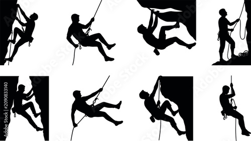 Obraz na płótnie Extreme Rock Climbing and Abseiling Silhouette Set with Mountaineer Poses Rappel