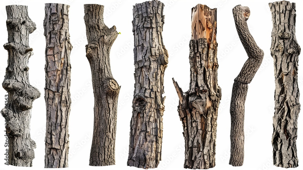 Naklejka premium Rustic tree trunks with natural bark textures in various diameters on a white background