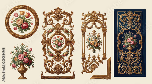 Luxurious baroque floral ornaments with gold acanthus scrolls and pink roses on dark blue background, elegant design.