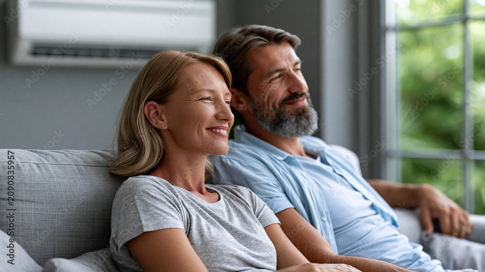 Fototapeta premium Happy couple relaxing at home enjoying cool air from a modern air conditioner, summer comfort lifestyle, HVAC living, with copy space