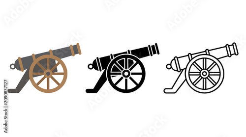 Historic cannon icon set. Vintage artillery and military weapon symbols. Heritage defense design element. Clean vector illustration