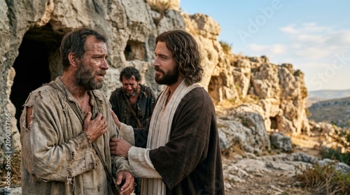 Jesus comforts a weeping man in tattered clothes, offering solace and compassion in a rocky, barren landscape. Possessed by demons at the cave