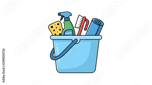 Blue plastic bucket filled with assorted colorful household cleaning supplies including spray bottle sponge and brush isolated on transparent background