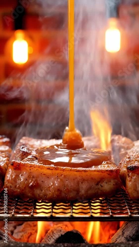 Grilled meat sizzles on barbecue with flames and smoke rising high