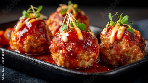 Gourmet meatballs with red glaze, white cream sauce and microgreens on a black plate, macro close-up