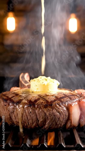 Steak is being grilled with butter melting on top in a restaurant