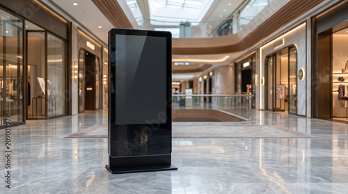 Blank vertical digital signage kiosk in a modern luxury shopping mall interior