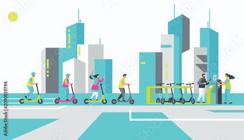 Urban citizens riding electric rental scooters on a city street with a charging station and modern skyscrapers.