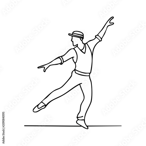 Man in hat and vest performing ballet dance with arms outstretched