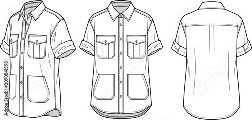Fashion design flat sketch of a women’s utility shirt with button-down pockets