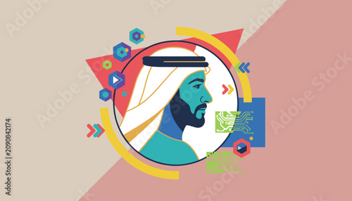 Arab man in traditional ghutra is framed by high-tech digital circuits and geometric shapes, representing tech future.
