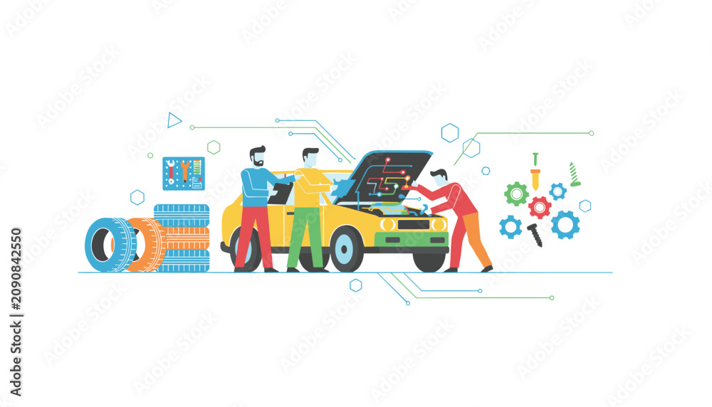 Fototapeta premium Team of skilled auto mechanics repairs a yellow car with an open hood, surrounded by various repair tools and tires.