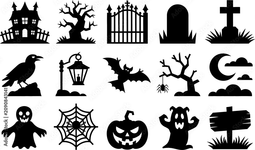 Fototapeta premium Halloween Haunted Cemetery Vector Bundle With Ghost Pumpkin Bat Graveyard And Spooky Elements