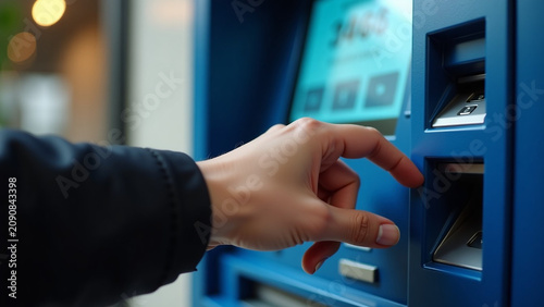 An ATM bank machine iteration ar beautiful modern house Close up of woman hand entering