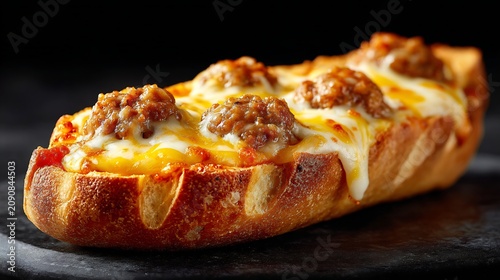 Toasted meatball baguette sandwich with melted cheese and tomato sauce on black slate