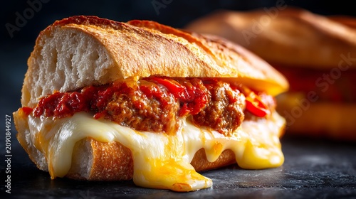 Close-up of a toasted meatball sandwich with melted cheese and red sauce on dark background