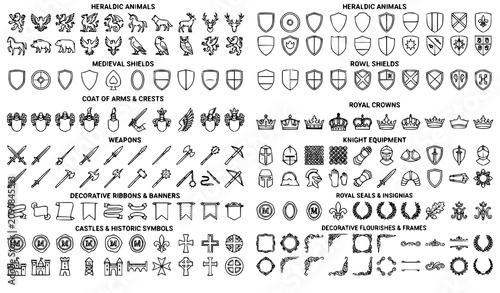 Photos Medieval heraldry collection animals shields weapons crowns and decorative eleme
