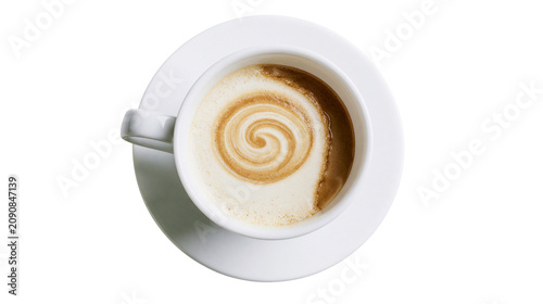 White ceramic cup of frothy latte with swirling cinnamon pattern, isolated on transparent background