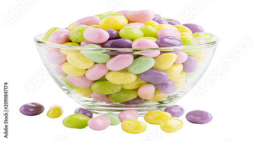 Canvas Print Assorted pastel jelly beans spilling from a glass bowl, isolated on transparent