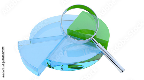 Magnifying glass examining a translucent blue and green pie chart, isolated on transparent background