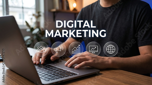 Digital marketing expert working on laptop computer with business web icons