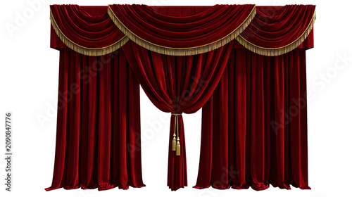 Schilderij op canvas Luxurious red velvet stage curtains with gold trim, isolated on transparent back