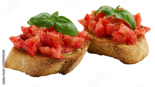 Obraz na płótnie Two rustic bruschetta appetizers with chopped tomatoes and basil, isolated on tr