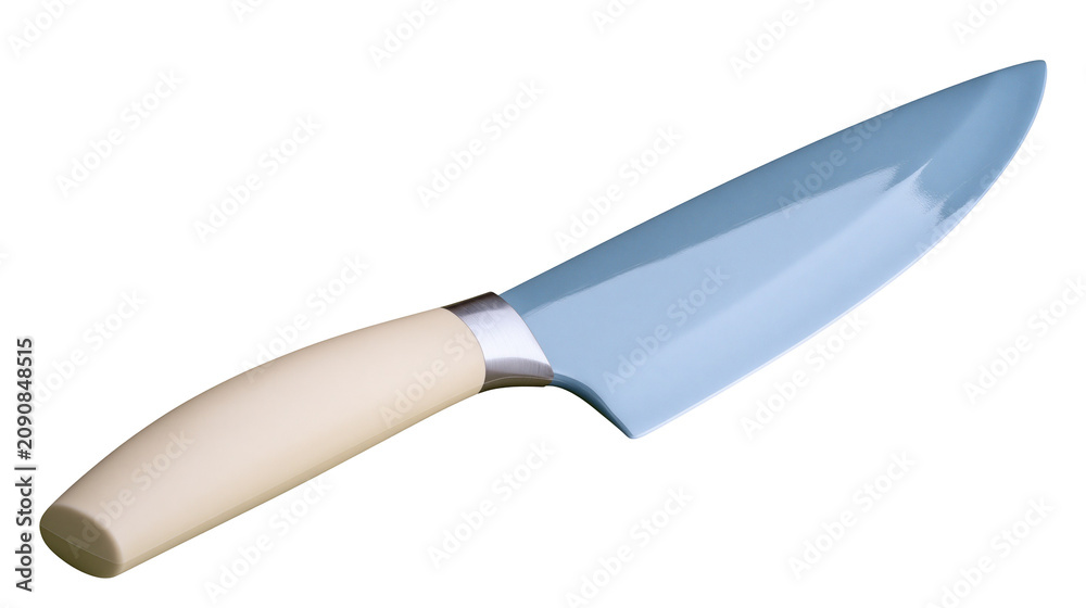 Obraz premium Chef s knife with a light blue blade and cream handle, isolated on transparent background