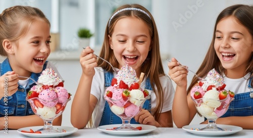 Three young girls eating ice cream sundaes