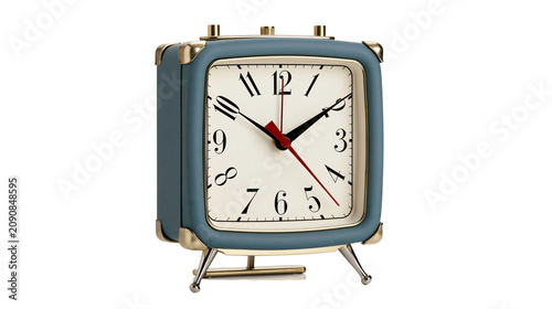 Retro blue square alarm clock with gold accents, isolated on transparent background