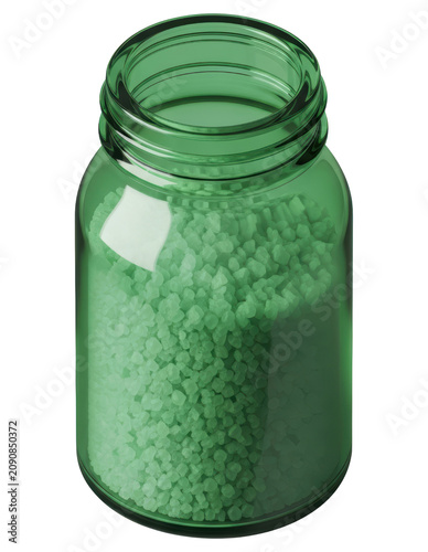 Green glass jar filled with aromatic bath salt crystals with transparent backdrop