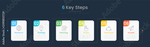 Infographic 6 options dark background design elements for your business data. Vector Illustration.