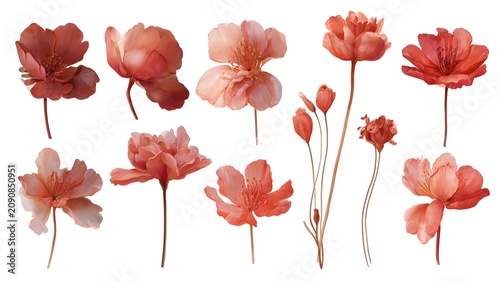 Vibrant Coral Flowers Watercolor Set Scattered