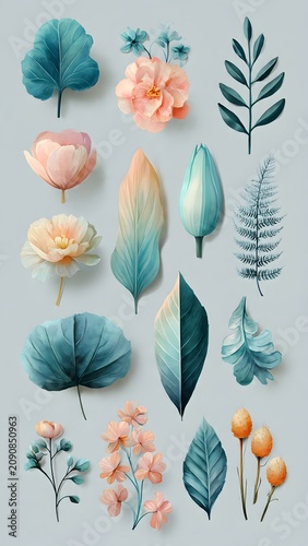 Colorful Botanical Paper Flowers and Leaves Portrait