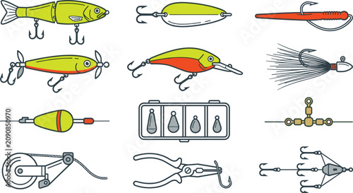 Foto Fishing Lure and Tackle Equipment Vector Collection with Crankbait, Spinner, Jig