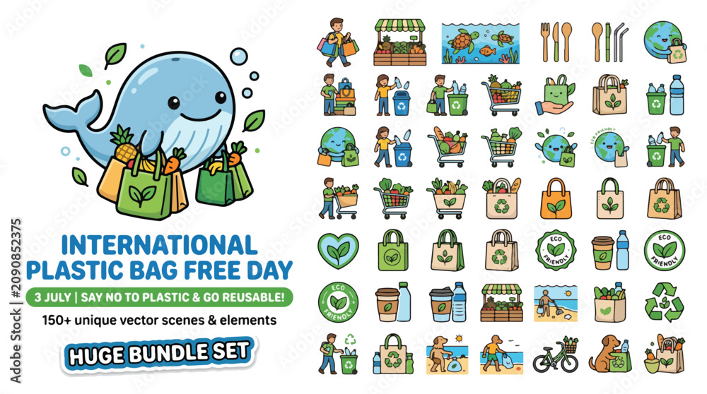 Fototapeta premium International Plastic Bag Free Day bundle, eco friendly zero waste icons, 150 plus unique vector scenes and elements for environmental sustainability