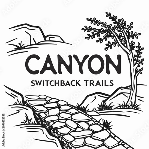 Fotografie Black and white line of a stone switchback trail leading up a canyon with a tree