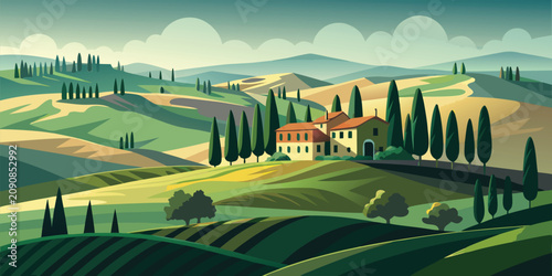 Rolling hills of a countryside landscape with cypress trees and a farmhouse in the distance