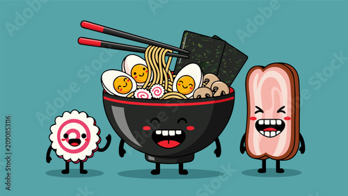 Φωτογραφία Cartoon characters eating noodles and ham with chopsticks on table indoors